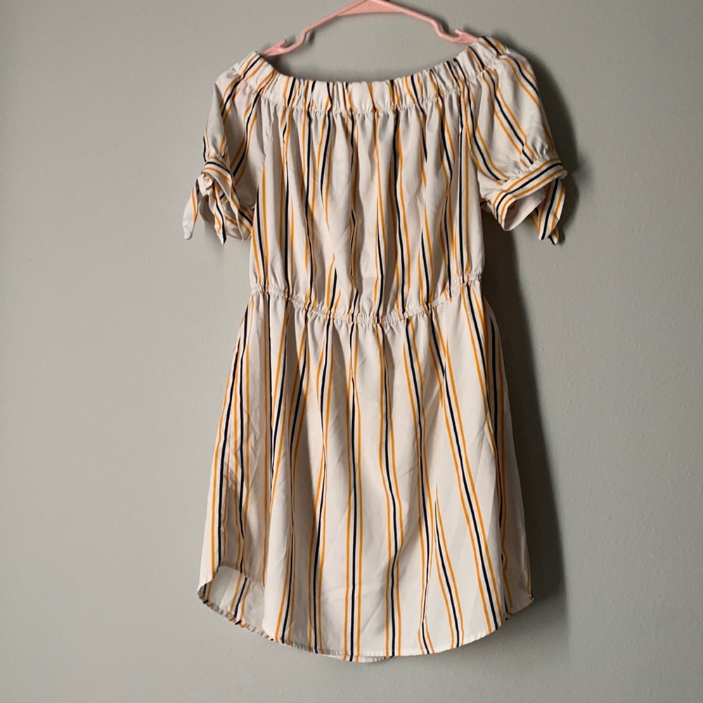 Off shoulder mini dress White dress with yellow and navy blue stripes